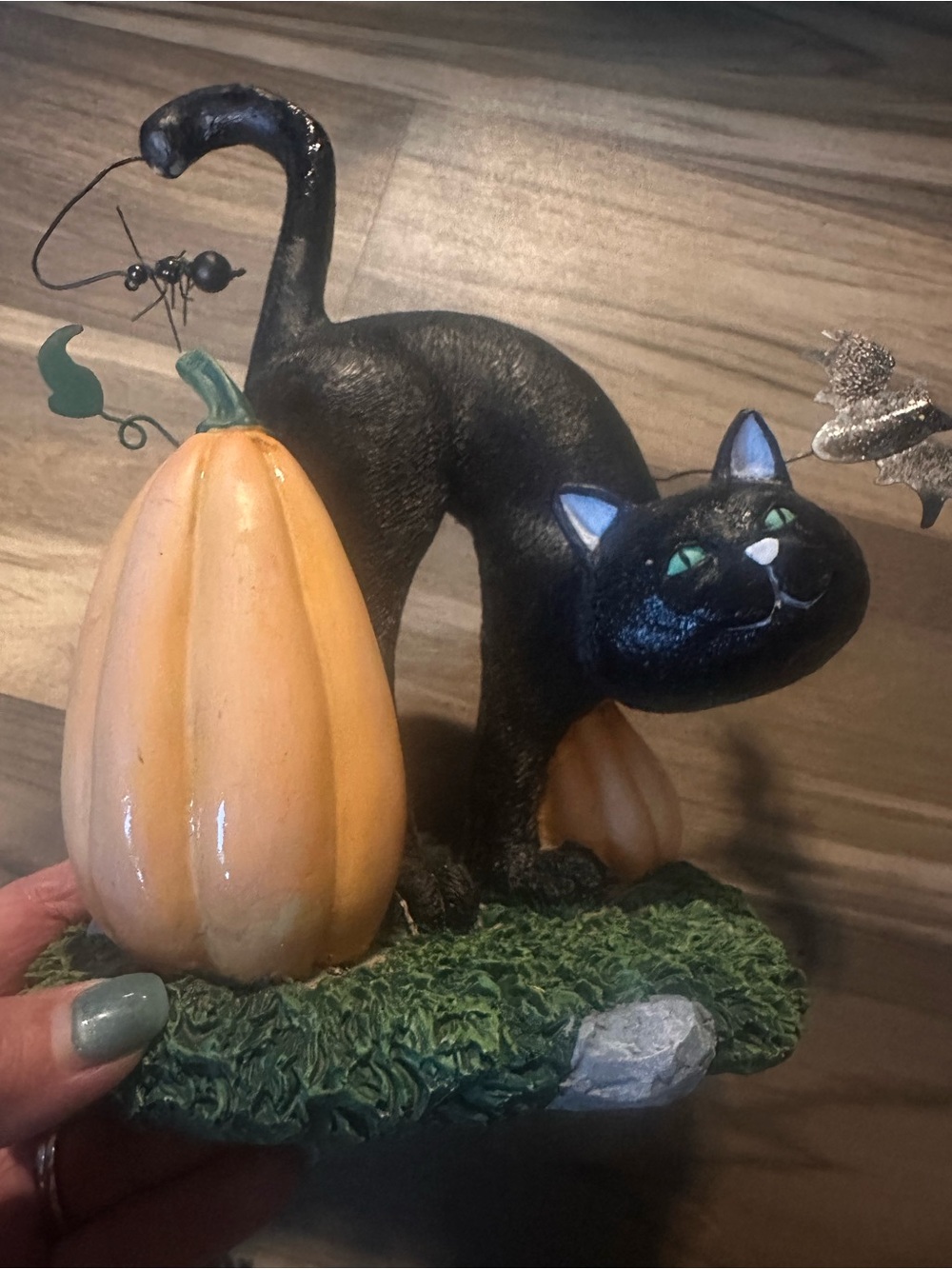 Halloween Black Cat In A Pumpkin Patch With Flying Bat 10" Resin